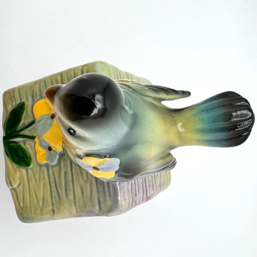 Bird Green Birdhouse Floral Trinket Box with a White Bird Figurine 2